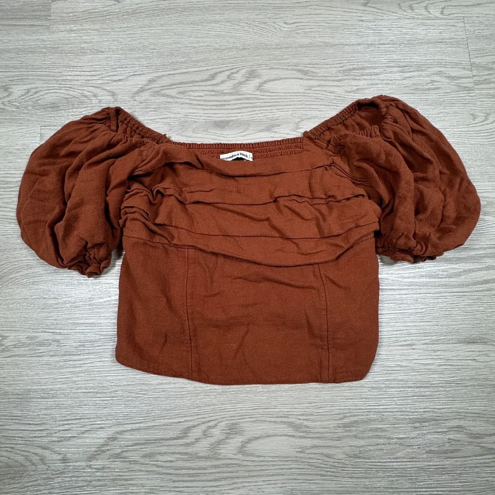 Abercrombie & Fitch Womens Top Rust Brown Small Linen Blend Puff Sleeve‎ Smocked